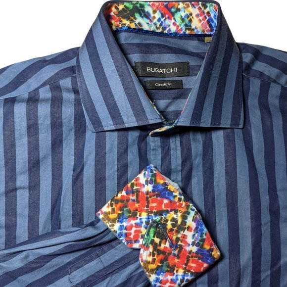 Bugatchi Other - Bugatchi Button Up Shirt Mens Large‎ Colorful Rainbow Navy Stripe Flip Cuff